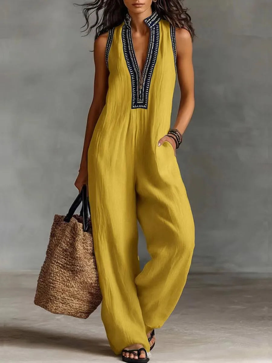 Polyester Printed Jumpsuit — Black | KIMLUD