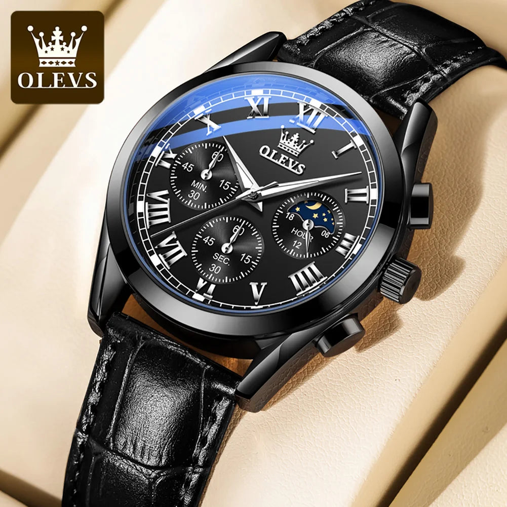 Rose-Gold Chronograph Moon Phase Watch Leather Strap — Black | KIMLUD