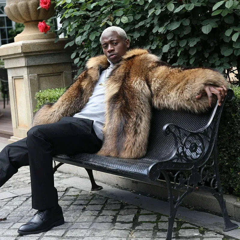 KIMLUD, JANEFUR Men's Winter Raccoon Coat Thick Collar Warm Coat Real Raccoon Fur Coat Luxury Fashion, KIMLUD Womens Clothes