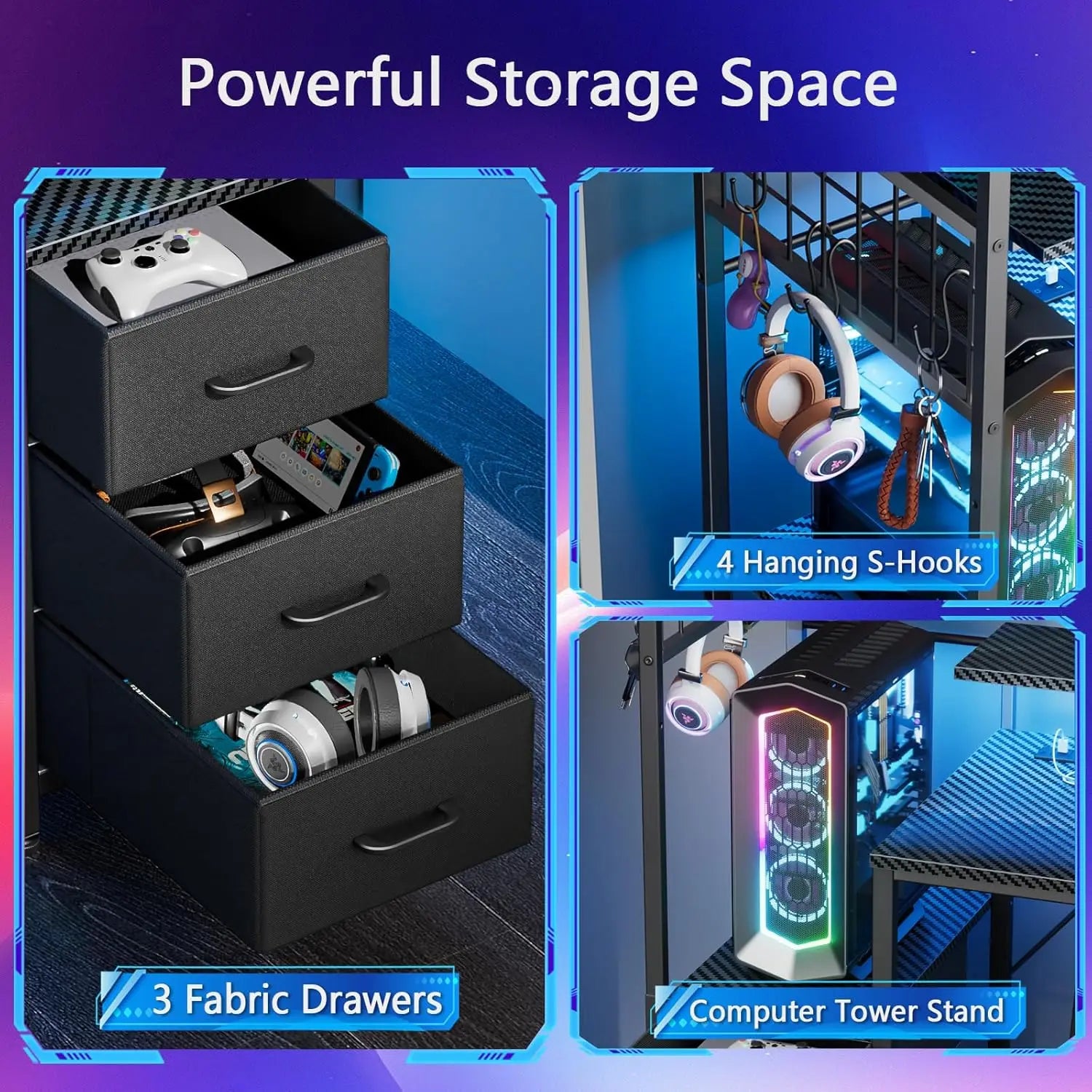 48 Inch Gaming Desk with LED Lights & Power Outlets,Computer Desk with Fabric Drawers & Side Hook,Reversible Gamer, Customized