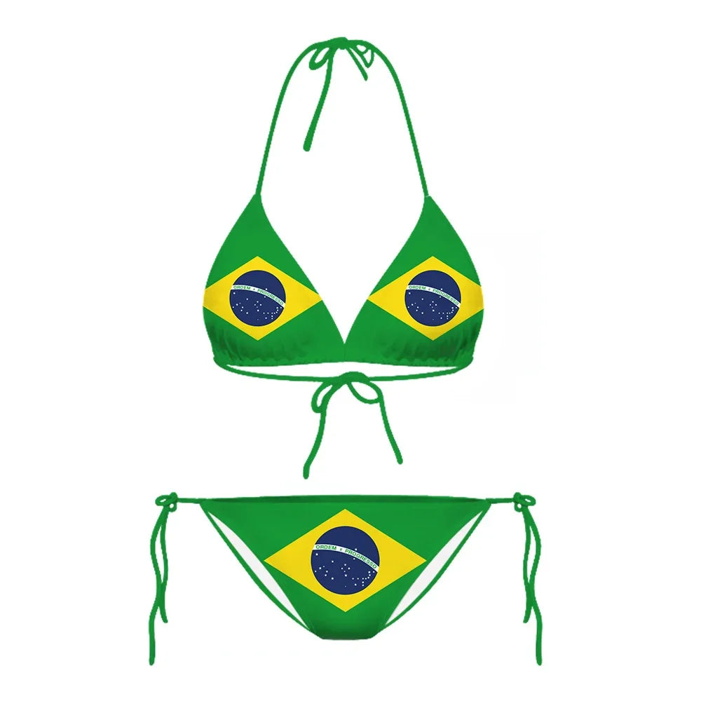 3D Printed Brazil Flag Bikini Set Adjustable Lace-Up — Green | KIMLUD