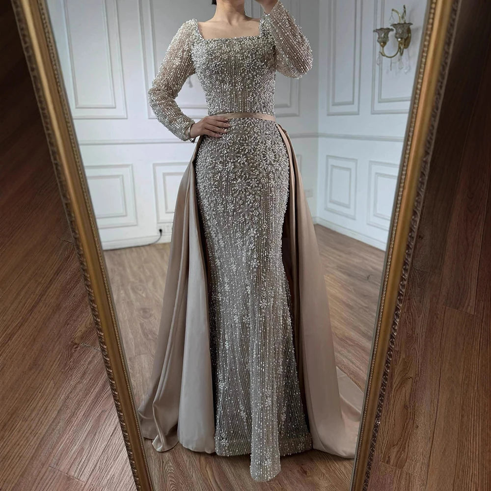 Mermaid Beaded Evening Gown With Overskirt And Built-In Bra In Luxe Beadwork — Caramel | KIMLUD