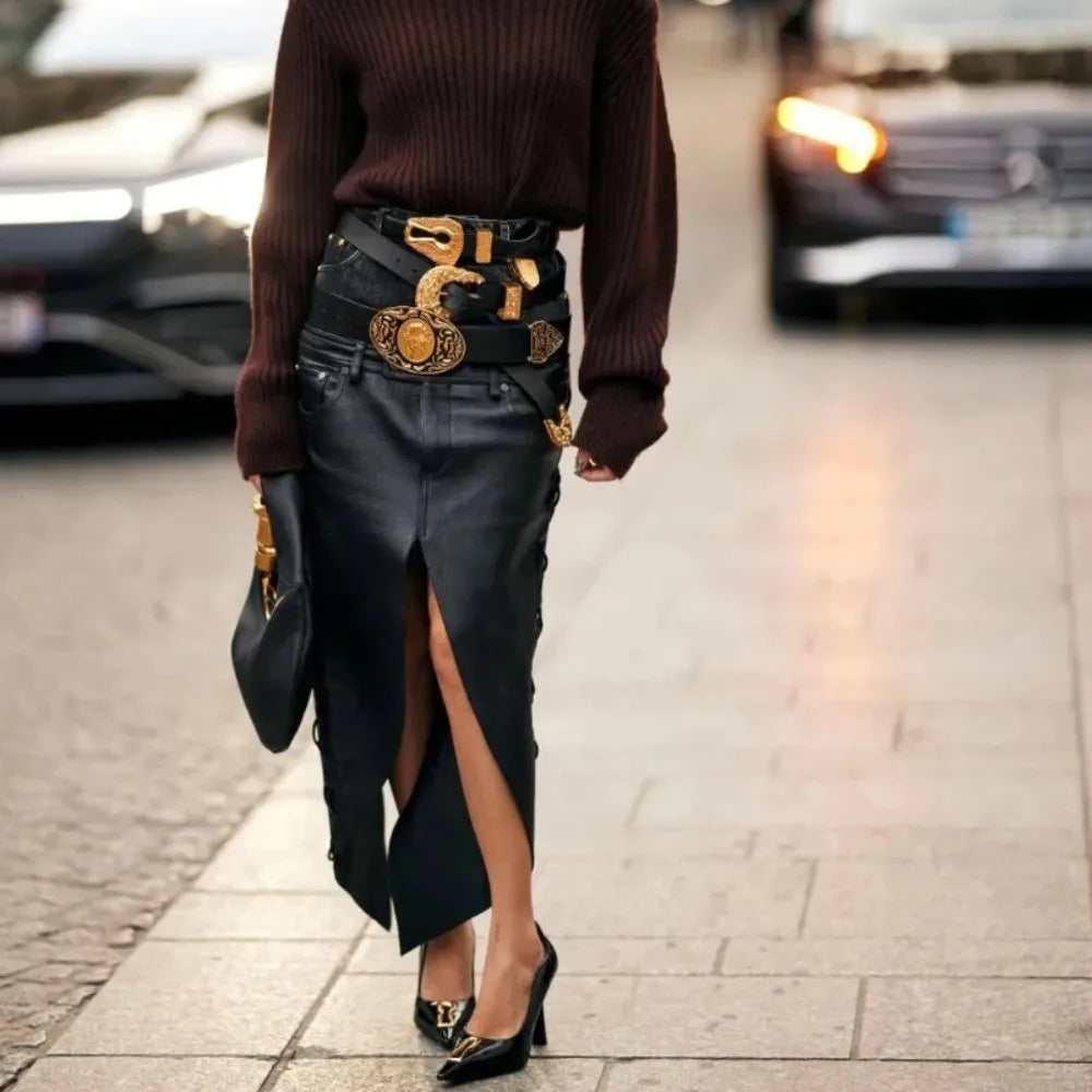 PU Leather Belt With Antique Gold Engraved Buckle — Black | KIMLUD