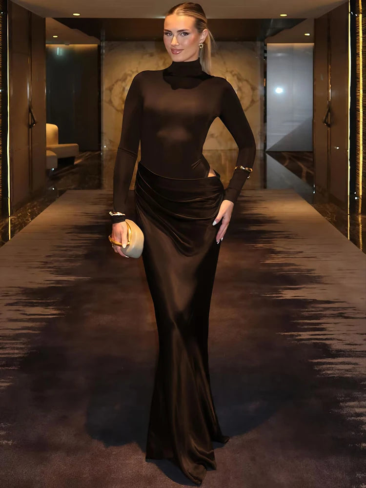 Mozision Autumn Long Sleeve Sexy Maxi Dress Women Fashion Hollow Out Turtleneck Ruched Bodycon Club Party Long Dresses Female