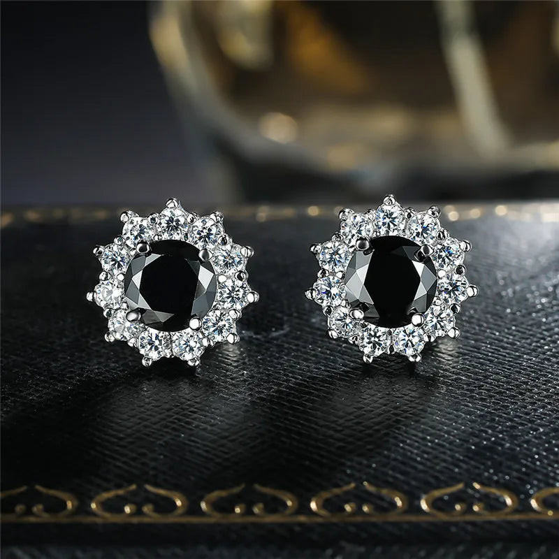 Copper Stud Earrings Round Cubic Zirconia — Water Blue | KIMLUD