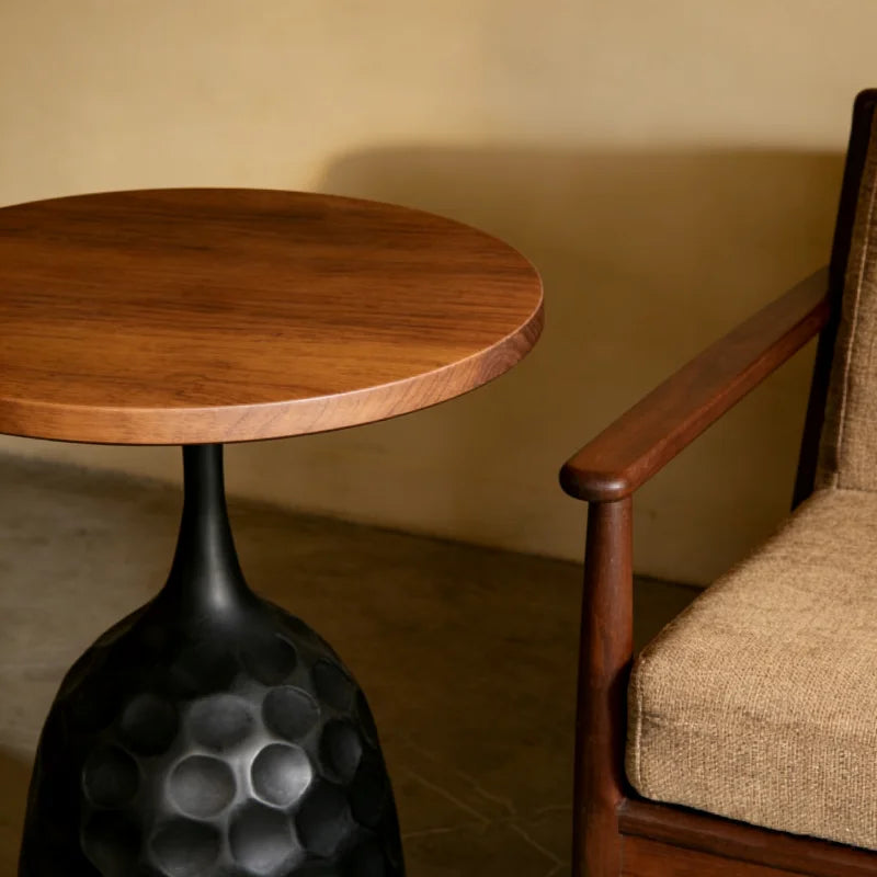 Minimalist Round Solid Wood Coffee Table With Sculptural Matte-Black Base — Black | KIMLUD
