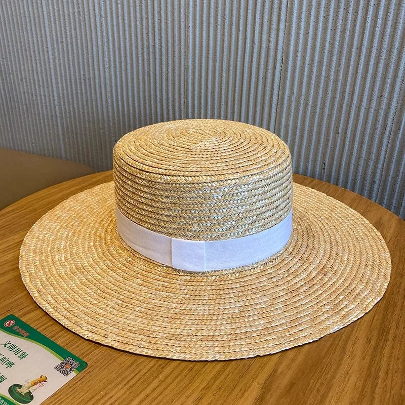 Ribbon Boater Straw Hat Sun Protection — Natural | KIMLUD