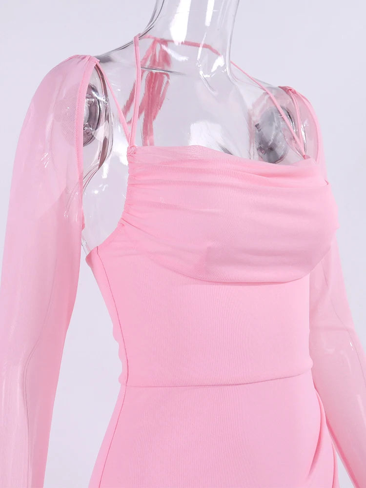 Mesh Halter Dress Flounce Sleeves Backless Bandage Bodice Mini Dress For Nightlife — Pink | KIMLUD