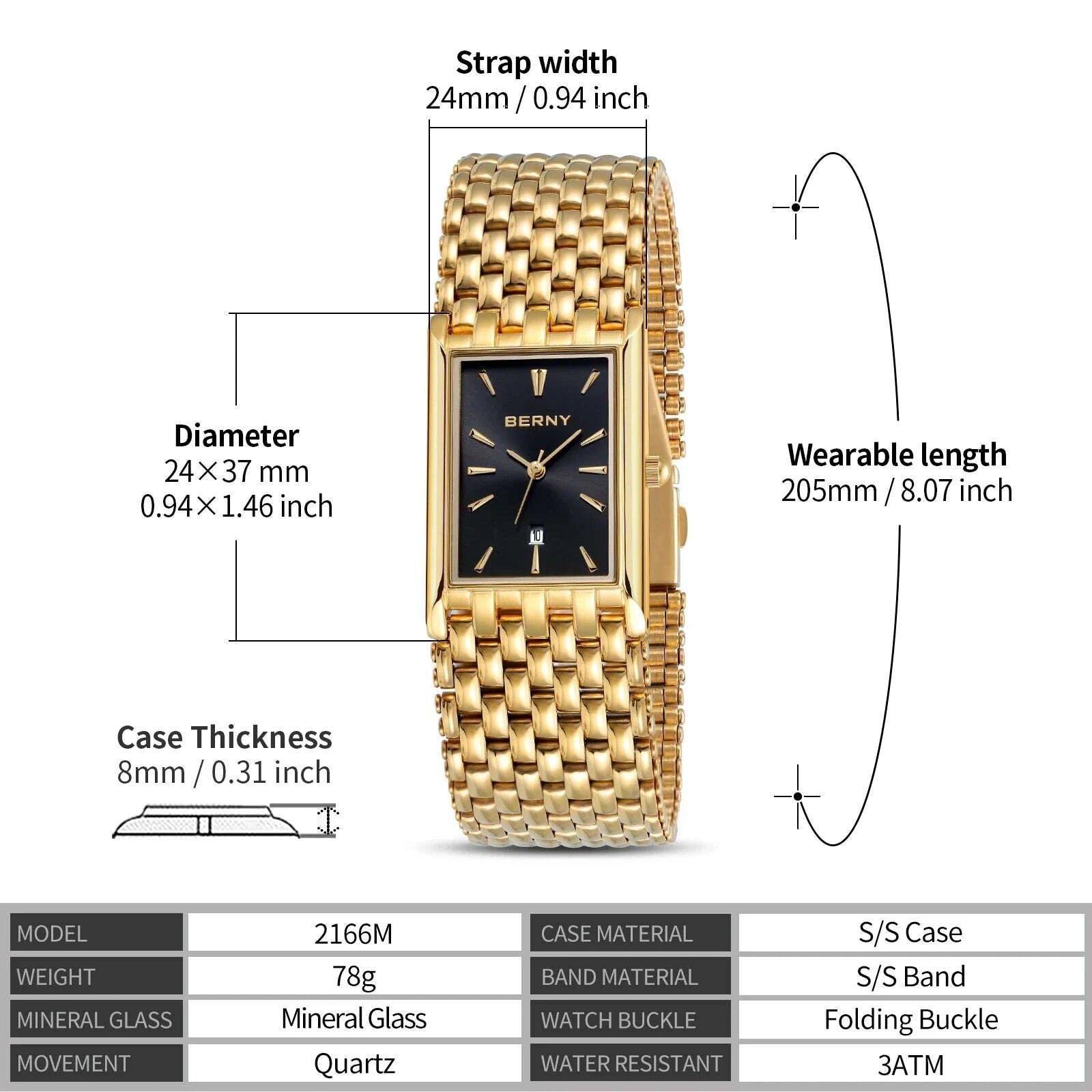 KIMLUD, BERNY MIYOTA Quartz Watch Men Luxury Brand Men's Wristwatch Water Resistant Square Clock Stainless Steel Golden Man Watch 2023, KIMLUD Womens Clothes