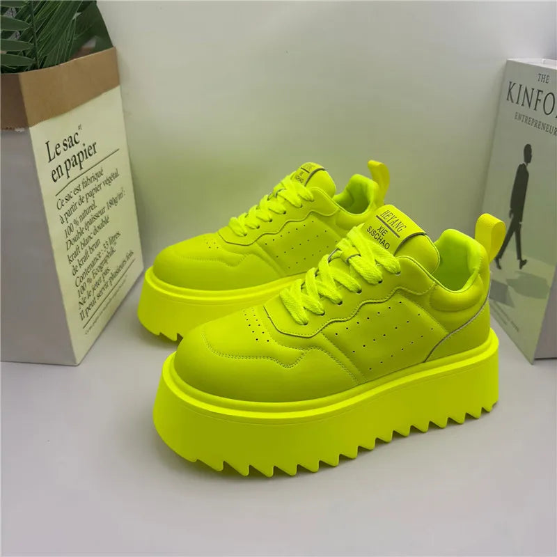 Men's Lace-Up Casual Shoes – Fluorescent Green Thick Sole | KIMLUD