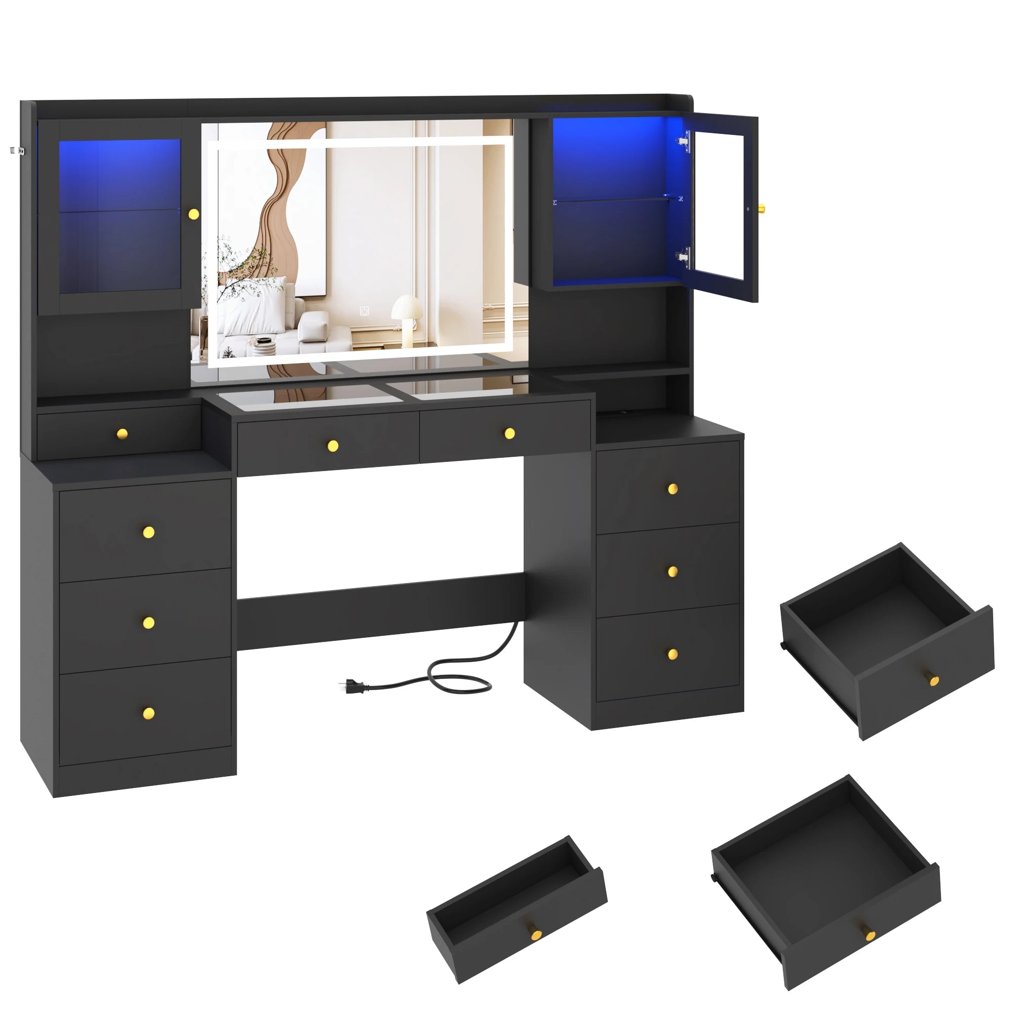 61.7" Large Vanity Desk with Mirror and Lights, Makeup Vanity with Charging Station, Sliding Drawers, 2 Cabinets with Glass Door