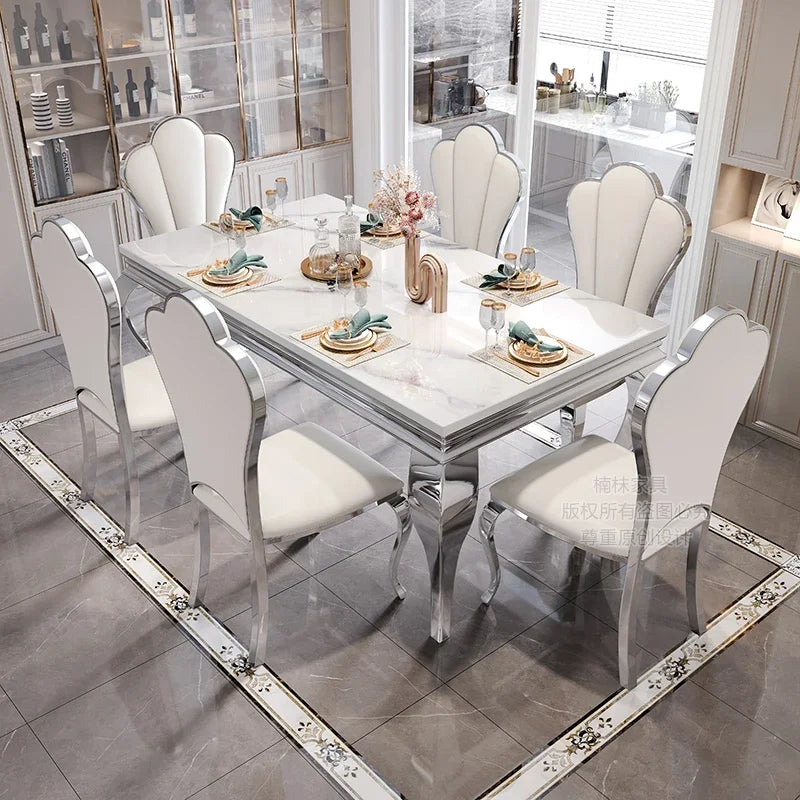 Marble Dining Table With Gold Accents And Rectangular Design — White | KIMLUD
