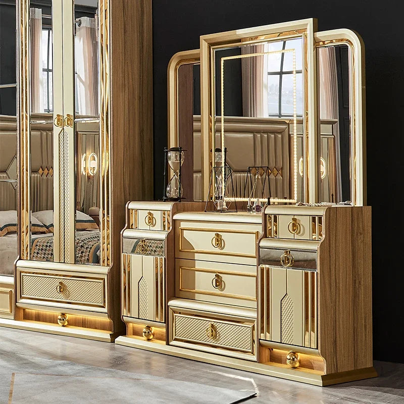 A Luxury Gold Royal Wood King Size Bed Set Villa Master Room Modern Wooden Full Queen Mdf Home Furniture Bedroom Sets