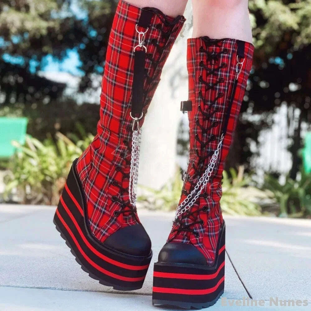 KIMLUD, Canvas red Check Platform Knee high Boots Women Metal Chain Round Toe Wedges Cross Tied Lolita Heighten Shoes Lovely Sexy Boots, KIMLUD Womens Clothes