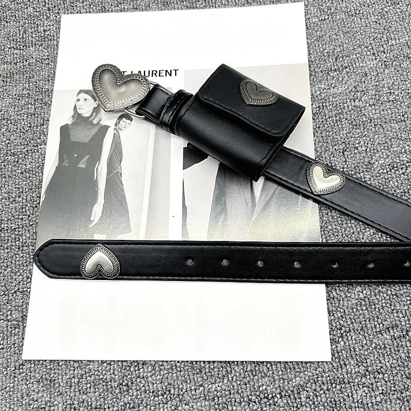 PU Leather Belt No Buckle Retro Heart Design — Black | KIMLUD