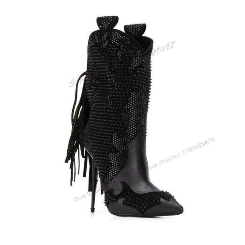 Black Tassel Crystal Decor Ankle Boots Pointed Toe Shoes for Women Thin High Heels Sexy Runway Shoes 2025 Zapatos Para Mujere