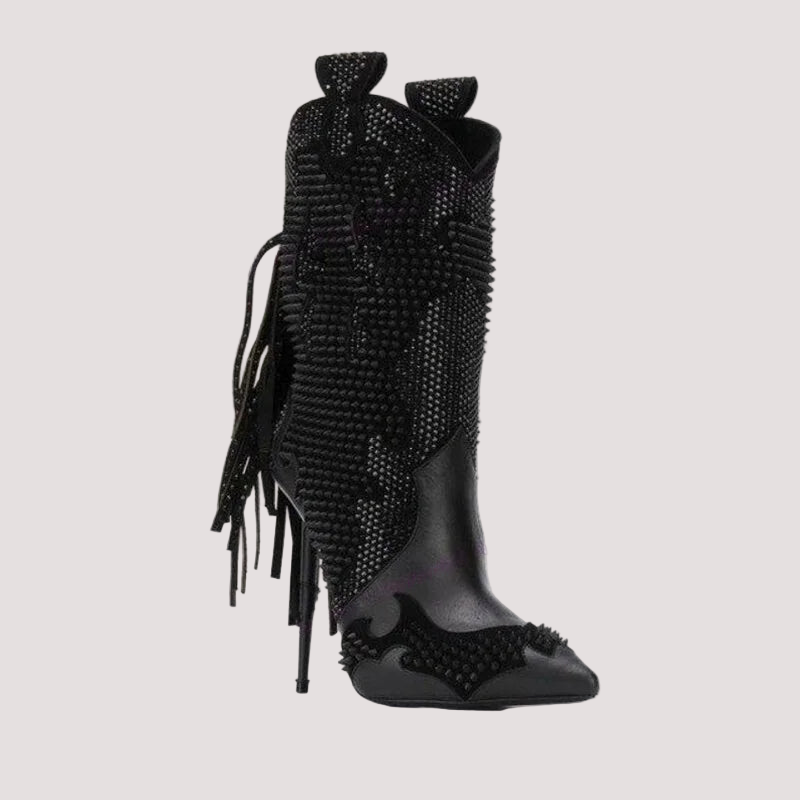 Black Tassel Crystal Decor Ankle Boots Pointed Toe Shoes for Women Thin High Heels Sexy Runway Shoes 2025 Zapatos Para Mujere