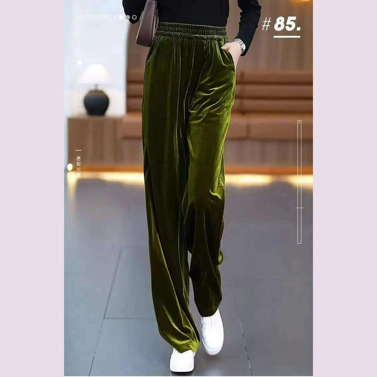 Korean Fashion Women Pleuche Pants Autumn Winter Elastic High Waist Solid Pockets Loose Office Lady Straight Wide Leg Trousers
