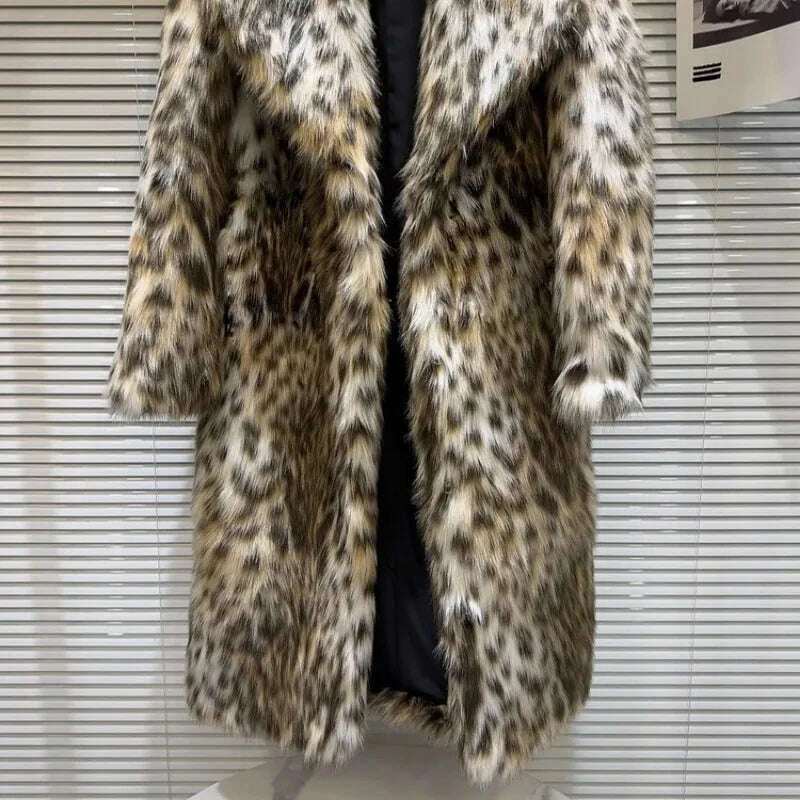 KIMLUD, Luxury Long Faux Fur Coats Lapel Women Fur Coat Winter Warm Mink Coat New Leopard Eco-hair Hottie Long Casual Trench Coat Trend, KIMLUD Womens Clothes