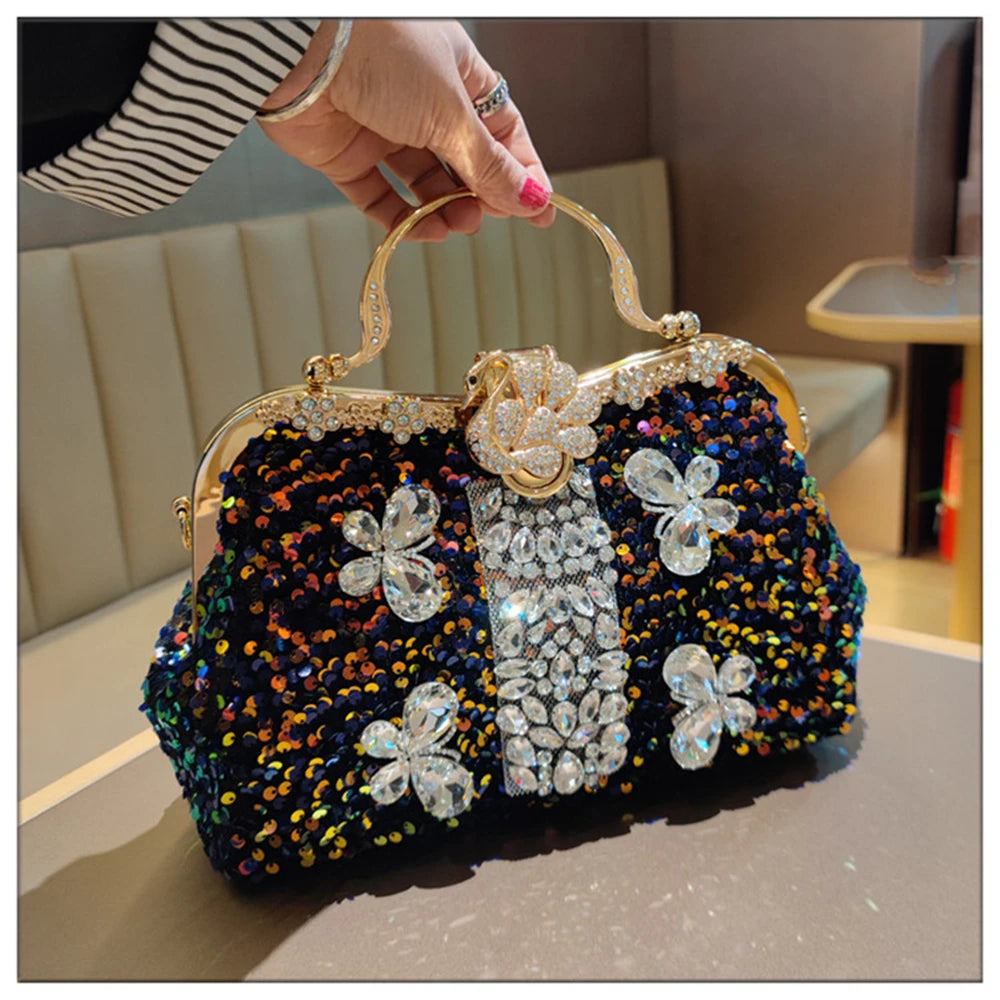 Leather Crystal Sequin Buckle Handbag — Black | KIMLUD