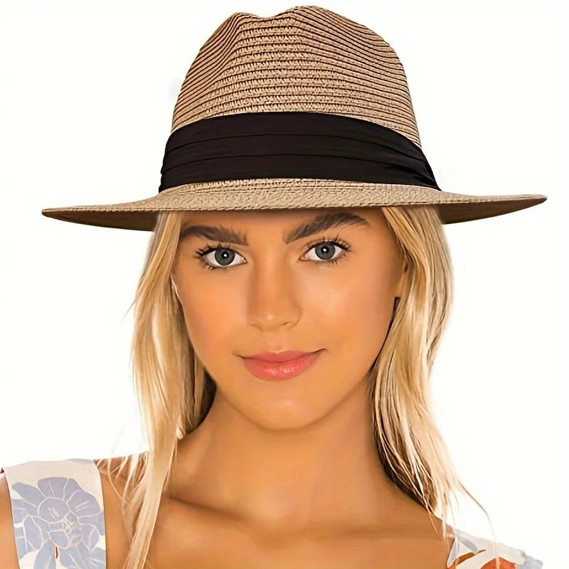 Fashion Men Straw Hat For Women Summer Trendy Beach Sun Hats Solid Color Fedoras Ribbon Casual Cowboy Jazz Cap Gangster Cap Male