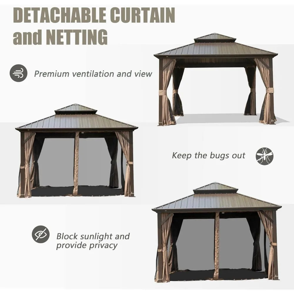 Galvanized Steel Outdoor Double Roof Gazebo — Brown | KIMLUD