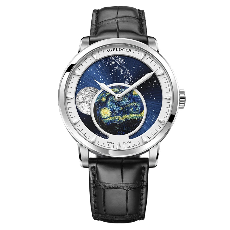 AGELOCER Original Astronomer Watch Men's Business Luxury Gold Watch Automatic Mechanical Moon Phase Watch Birthday Gift for Men