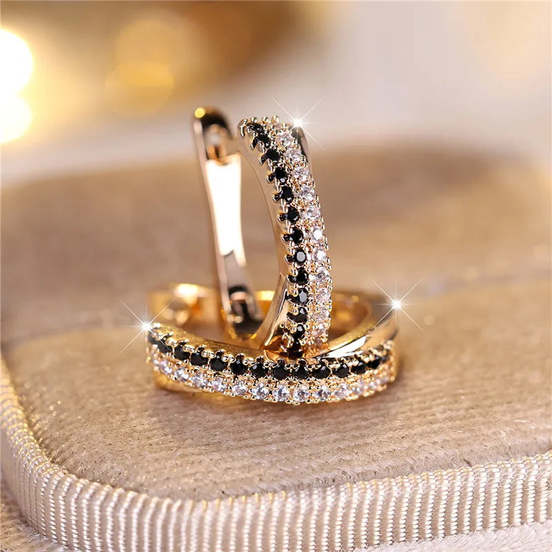 Gold-Tone Zircon Clip Earrings Geometric Arc With Black And White Stones — Gold | KIMLUD