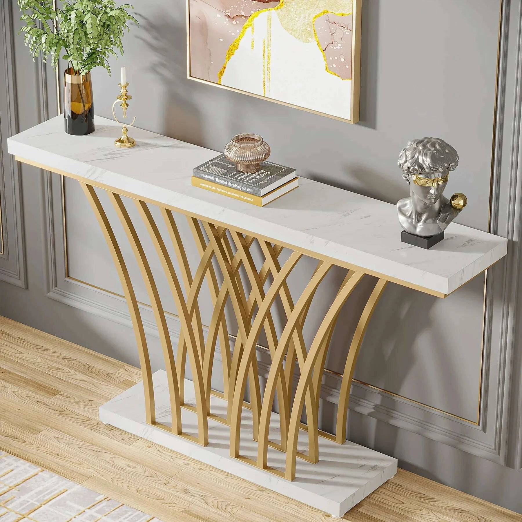 KIMLUD, Tribesigns 59 inch Gold Console Table, Modern Entryway Table with Grid-Shaped Metal Base for Entrance, Hallway, Entryway, KIMLUD Womens Clothes