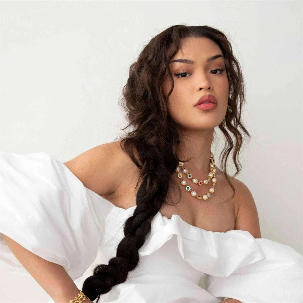 KIMLUD, New INS hot selling pearl flower set with diamonds, colorful gemstones, niche fashion, versatile gold-plated necklace, KIMLUD Womens Clothes