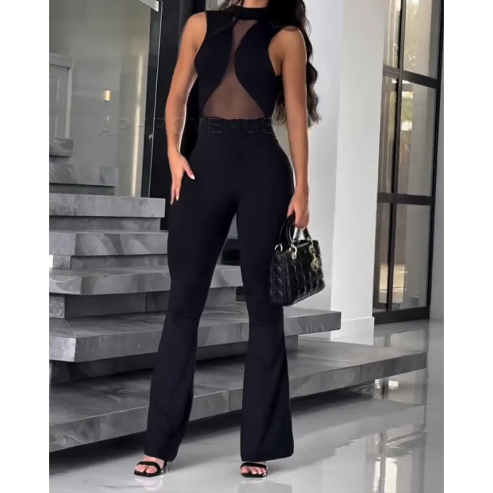 Mesh Matching Sets Hollow-Out Lace Panel High Waist — Black | KIMLUD