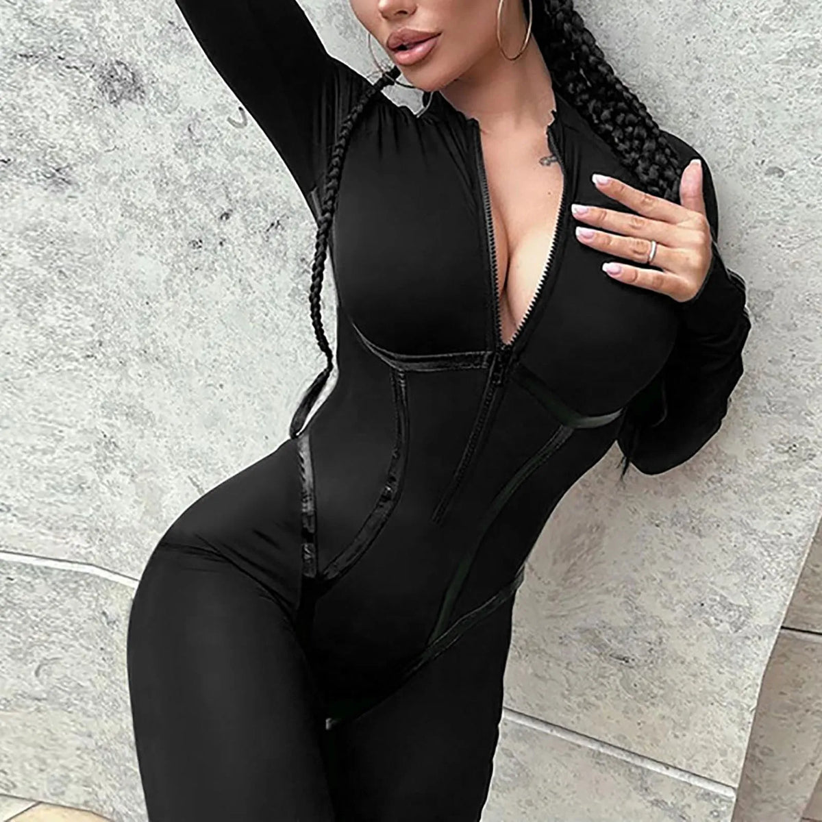 Jumpsuit – O Neck Full Sleeve Zipper – Broadcloth – Black | KIMLUD