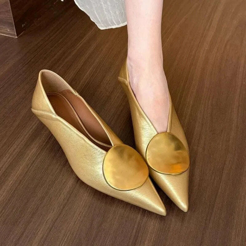 KIMLUD, 2025All-match Gold Pointed-toe Metal Buckle Single Shoes Women Wear Light-heeled Small Leather Shoes Twice in Summer, KIMLUD Womens Clothes
