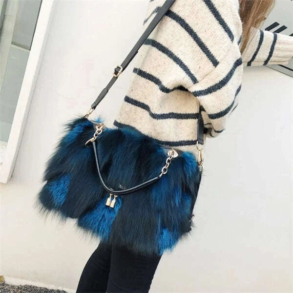 KIMLUD, Fox Fur Women's Bag Fashion Large Capacity Furry Women's Handbag Designer Luxury Bag Handheld Crossbody High End Furry Bags Big, KIMLUD Womens Clothes