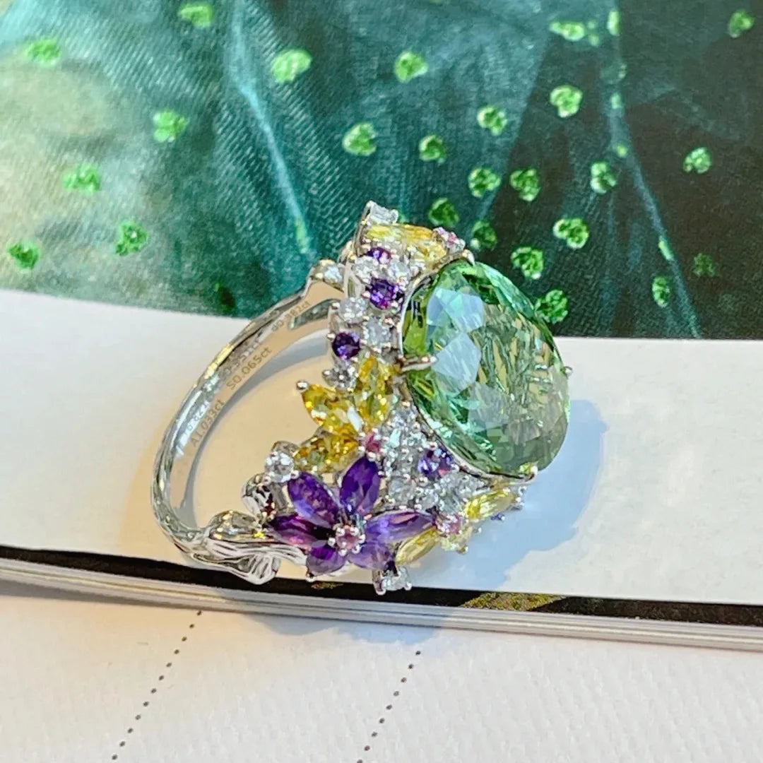 Bohemia Colored Gemstone Adjustable Ring 925 Sterling Silver Flower Open Ring for Women Wedding Engagement Birthday Jewelry Gift
