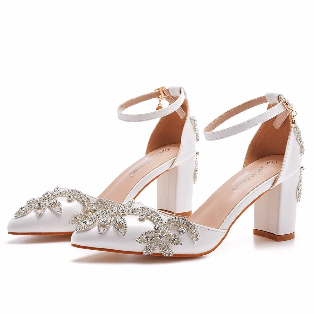 PU Sandals Rhinestone Flower Embellished Square Heel — White | KIMLUD