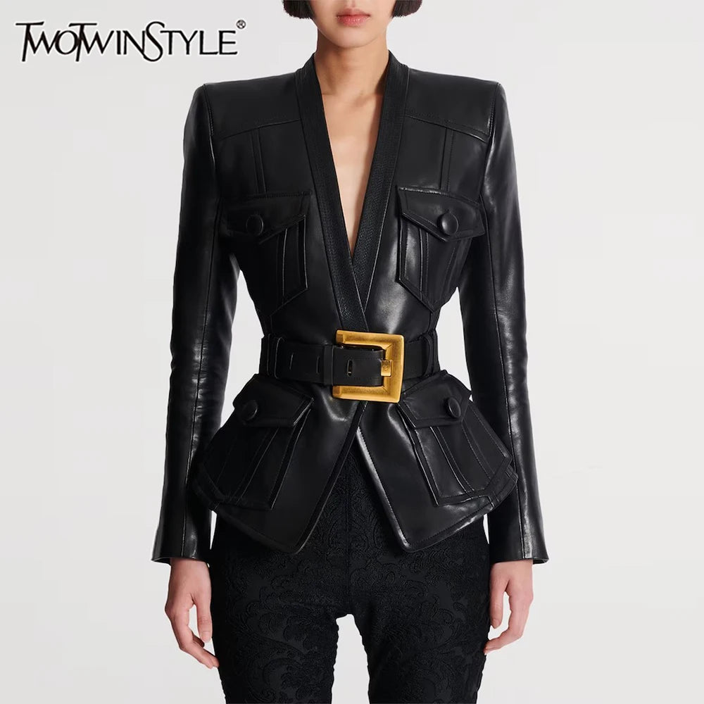 TWOTWINSTYLE Solid Slimming Spliced Pockets Temperament Jackets for Women V Neck Patchwork Button Fashion Jacket Female Clothing