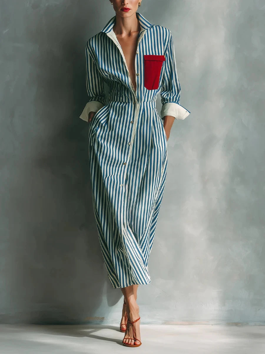Shirt Dress - Striped Print Color Blocking - Polyester | KIMLUD