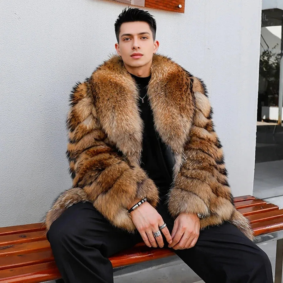 Man wearing a fur coat sitting on a bench indoors.