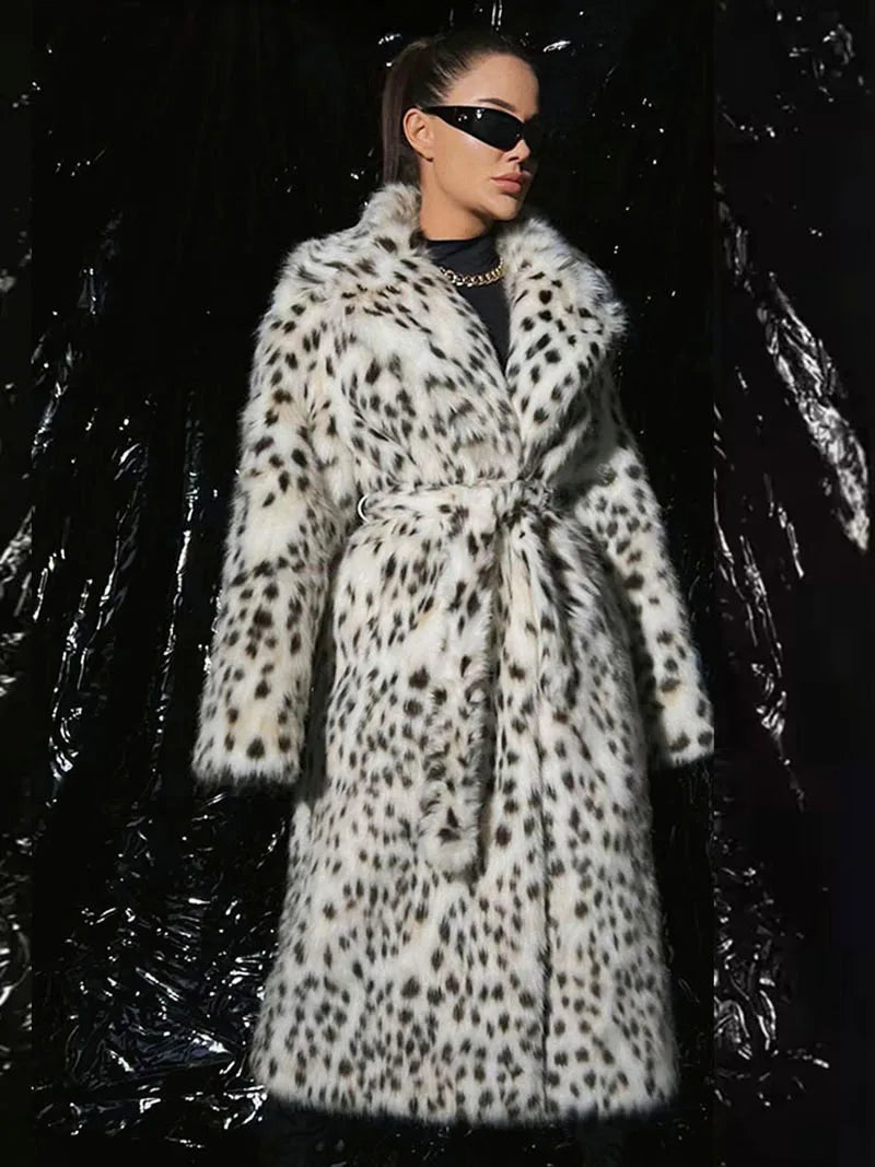 Coat - Belted Long Leopard Faux Fur - Leopard Print | KIMLUD