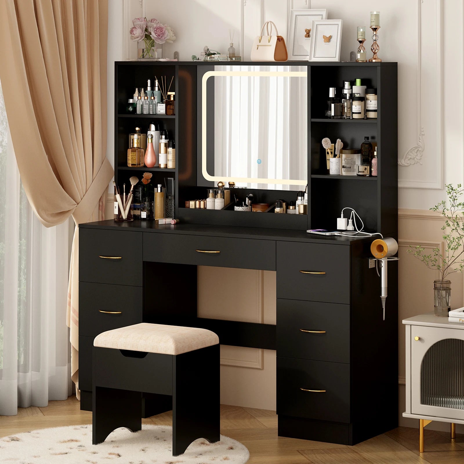 47" Vanity Desk with Mirror and Lights, Large Makeup Vanity with Vanity Chair & Charging Station, Dressing Table with 7 Drawers