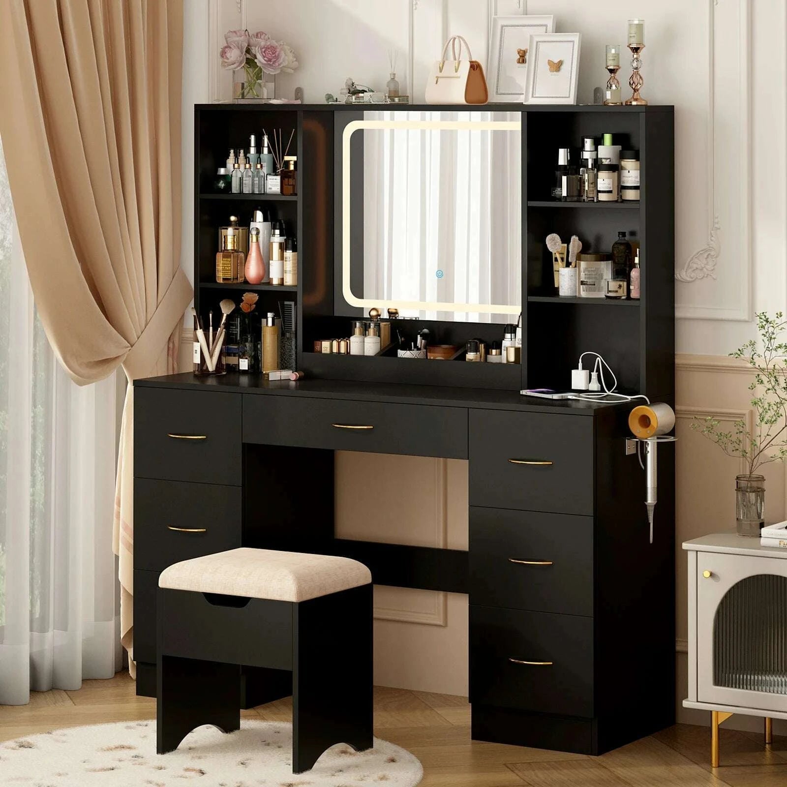 47-vanity-desk-with-mirror-and-lights-large-makeup-vanity-with-vanity-chair-charging-station-dressing-table-with-7-drawerskimlud-womens-fashion-34600251