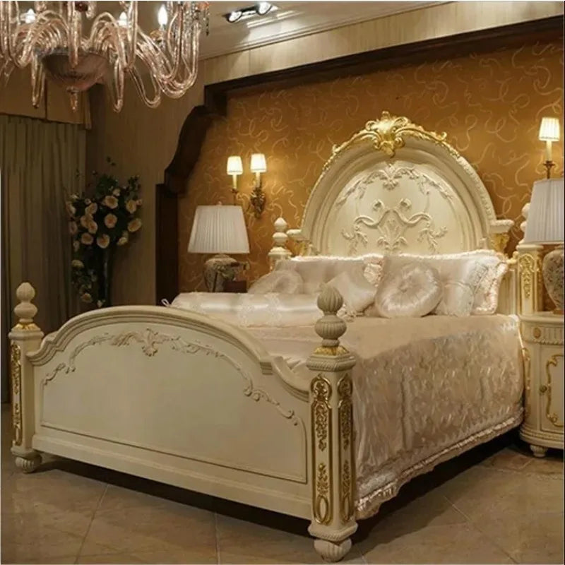 Solid Wood Carved Bed Antique French Style — Ivory | KIMLUD