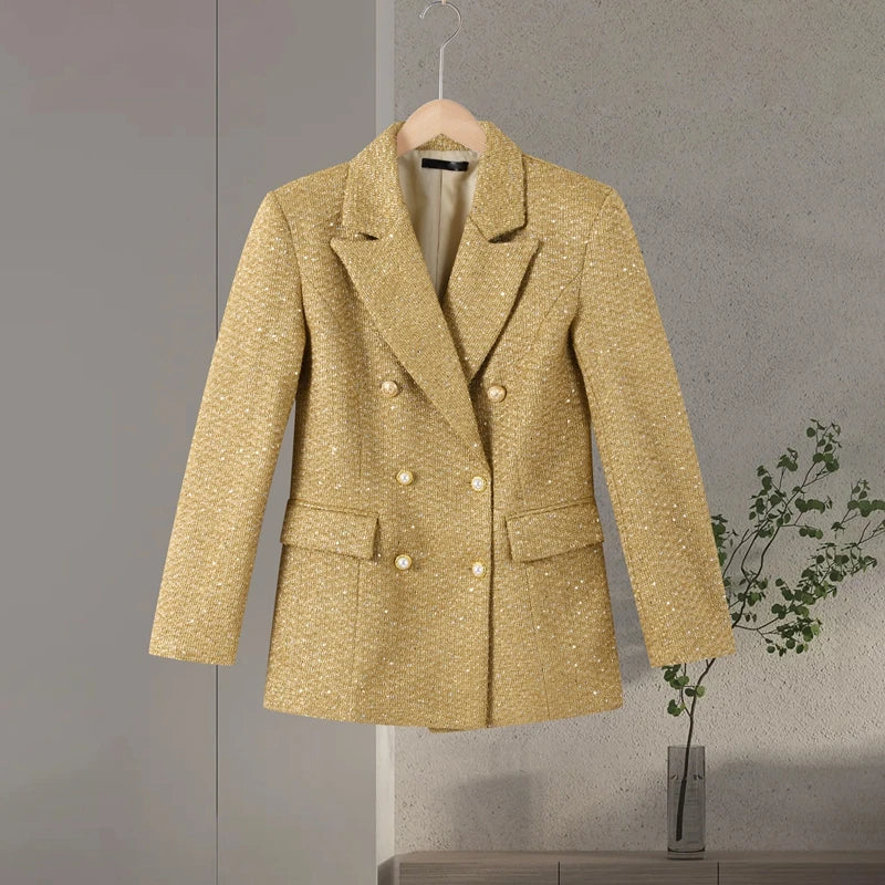 Elegant Paillettes Blazer Coat Women Lapel Doube-breasted Fake Pocket Slim Jackets Lady 2025 Autumn Winter Streewear Female New