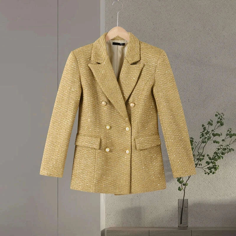 KIMLUD, Elegant Paillettes Blazer Coat Women Lapel Doube-breasted Fake Pocket Slim Jackets Lady 2025 Autumn Winter Streewear Female New, KIMLUD Womens Clothes