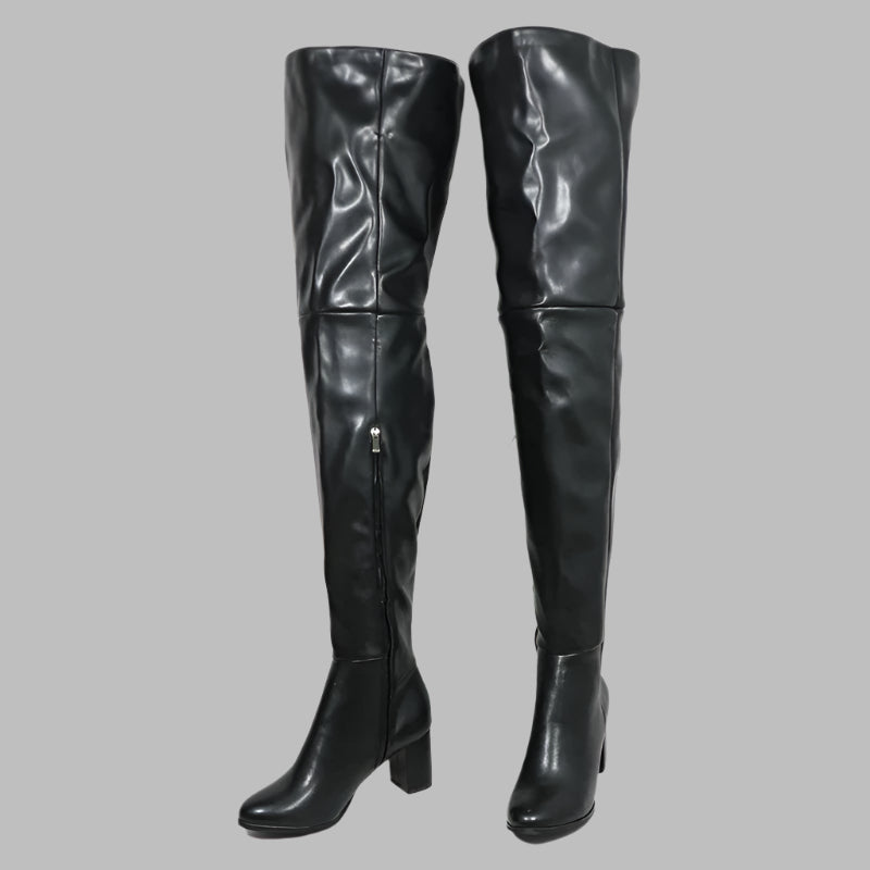 Sorbern Black Matte Block Square Heels Boots For Women Unisex Style Round Toe Mid Thigh High Half Zipper Long Boots Custom