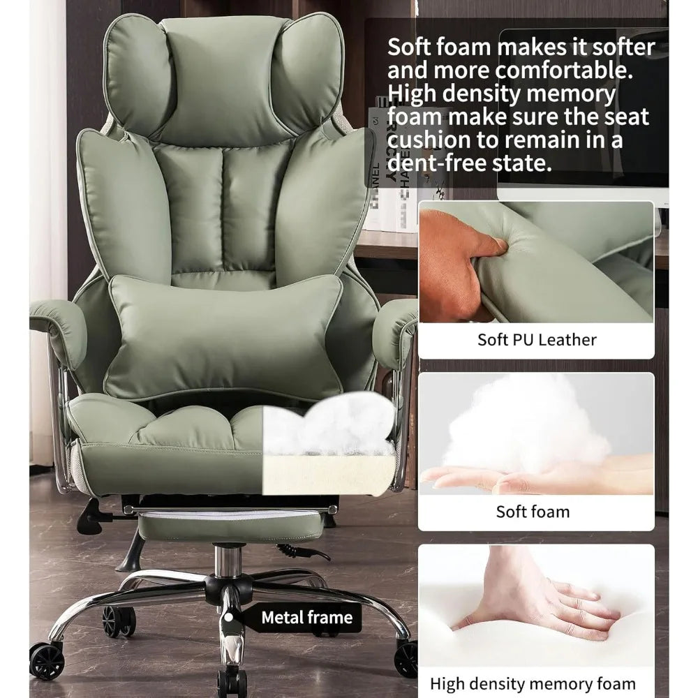 PU Leather Heavy-Duty Executive Office Chair With Footrest For Plus-Size — Sage Green | KIMLUD