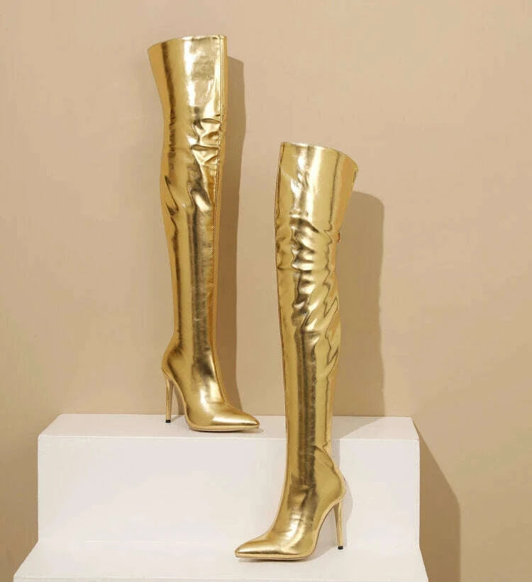 KIMLUD, Sexy Silver Gold Rear Zipper Over Knee Boots Women's Pointed High Heels European and American Fashion Long Boots Big Size 34-43, KIMLUD Womens Clothes