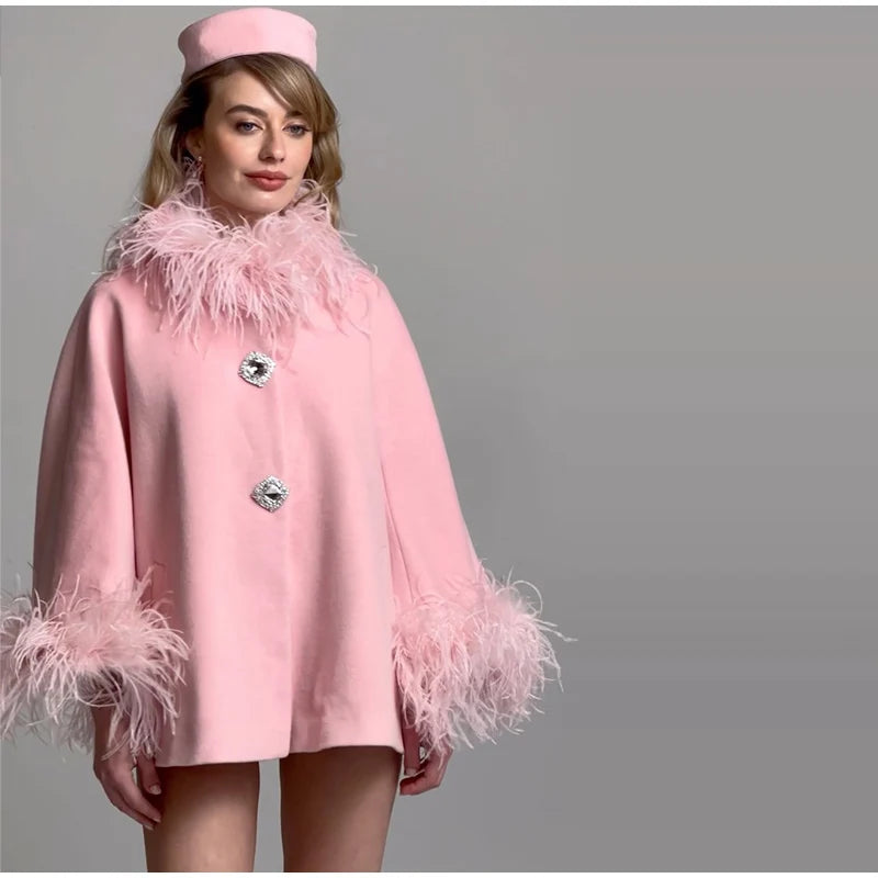 Elegant Feather Spliced Women's Coat Loose Feather Cuff Collar Lady Poncho Outwear 2024 Winter High Street Jacket New In Coats