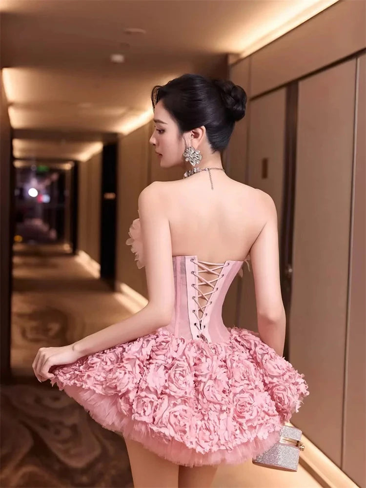 Strapless Floral Lace Mini Dress - Backless - Polyester - Red | KIMLUD